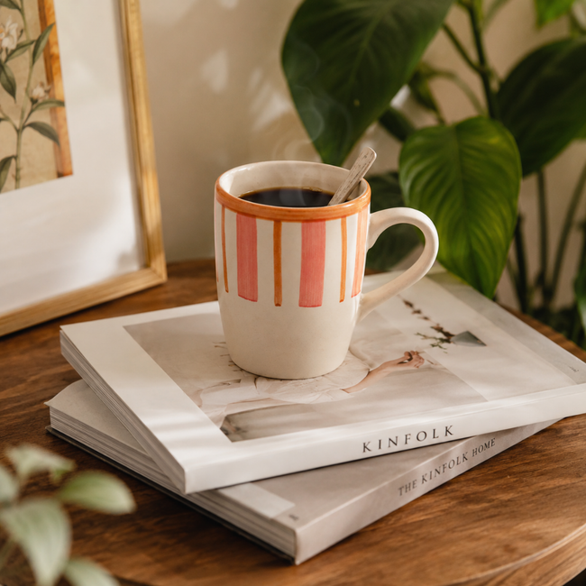 Striped Handmade & Hand-Painted Stoneware (Set of 4) Mugs | Beautiful Rose