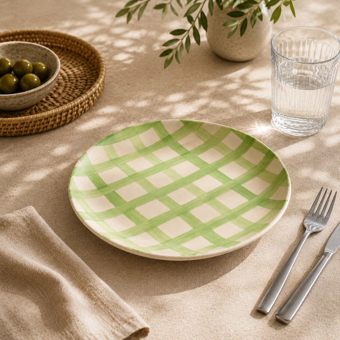 Checked Handmade & Hand-Painted Stoneware Dinner Plates – Set of 4 | Lively Green