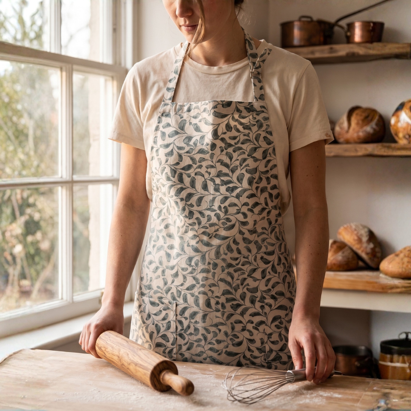 Scroll 100% Cotton Apron – Adjustable Neck, Long Waist Ties & 2 Front Pockets | Lovable Blue