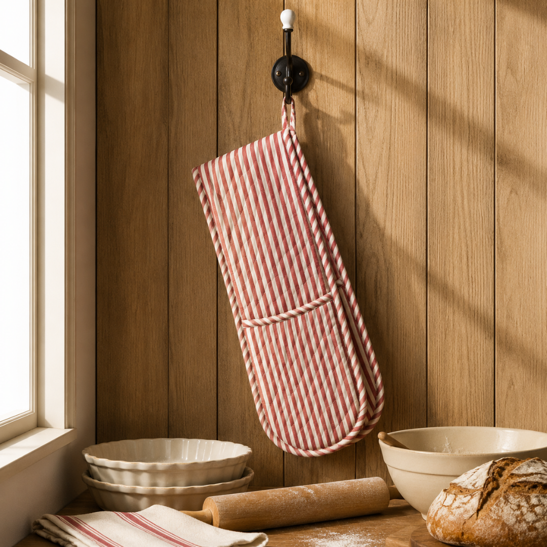Striped 100% Cotton Double Oven Glove – Heat Resistant with Hanging Loop | Beautiful Rose