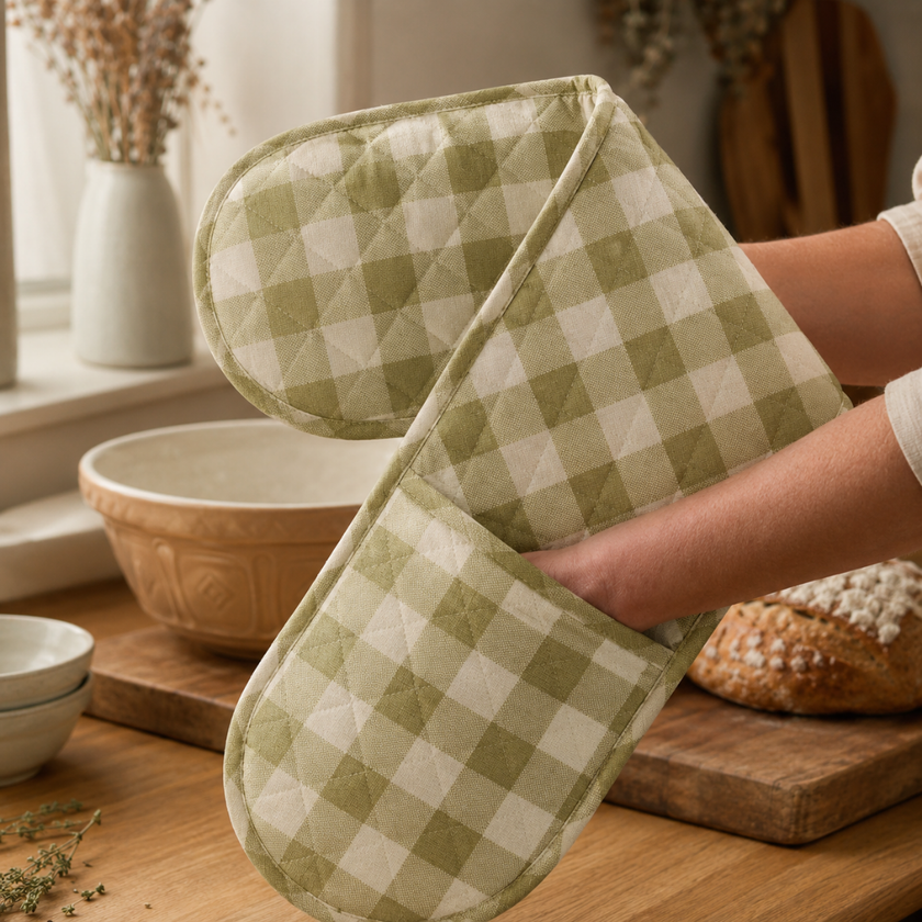 Checked 100% Cotton Double Oven Glove – Heat Resistant with Hanging Loop | Lively Green