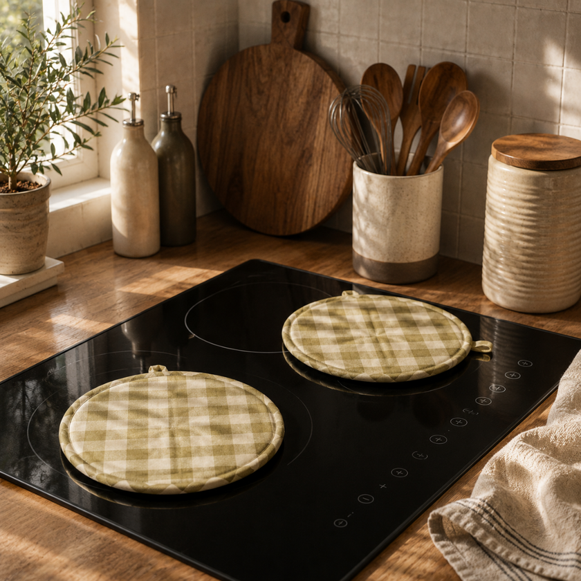 Checked 100% Cotton Hob Cover with Terry Towelling Base | Lively Green