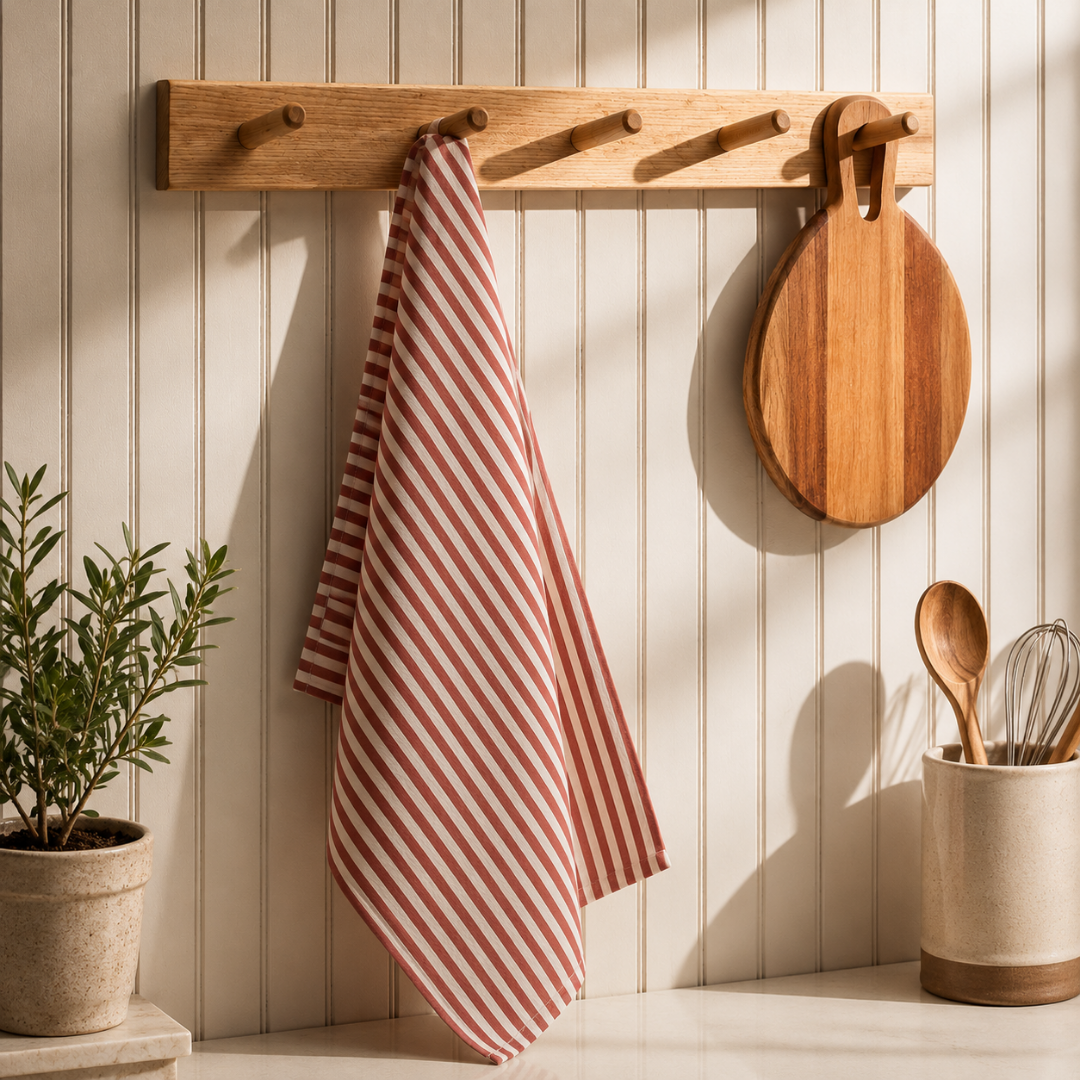 Striped 100% Cotton Set of 2 Reusable Cloth Tea Towels with Hanging Loop | Beautiful Rose