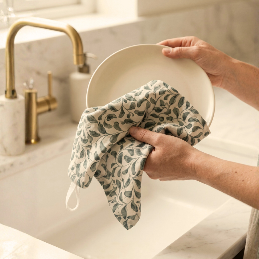 Scroll 100% Cotton Set of 2 Reusable Cloth Tea Towels with Hanging Loop | Lovable Blue