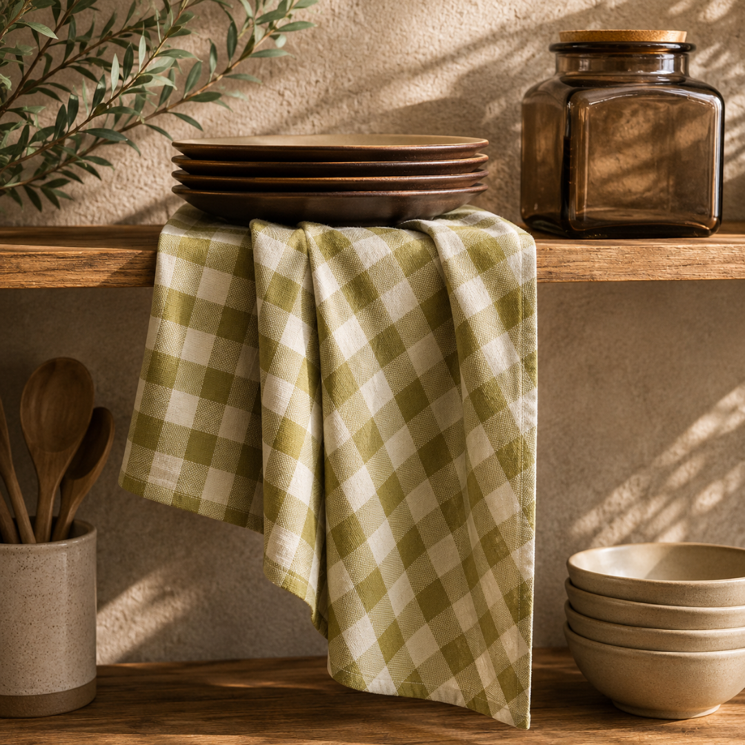 Checked 100% Cotton Set of 2 Reusable Cloth Tea Towels with Hanging Loop | Lively Green