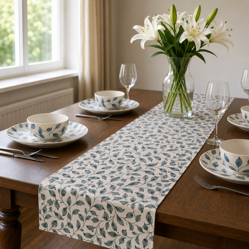 Scroll 100% Cotton Everyday Reusable Table Runner | Lovable Blue