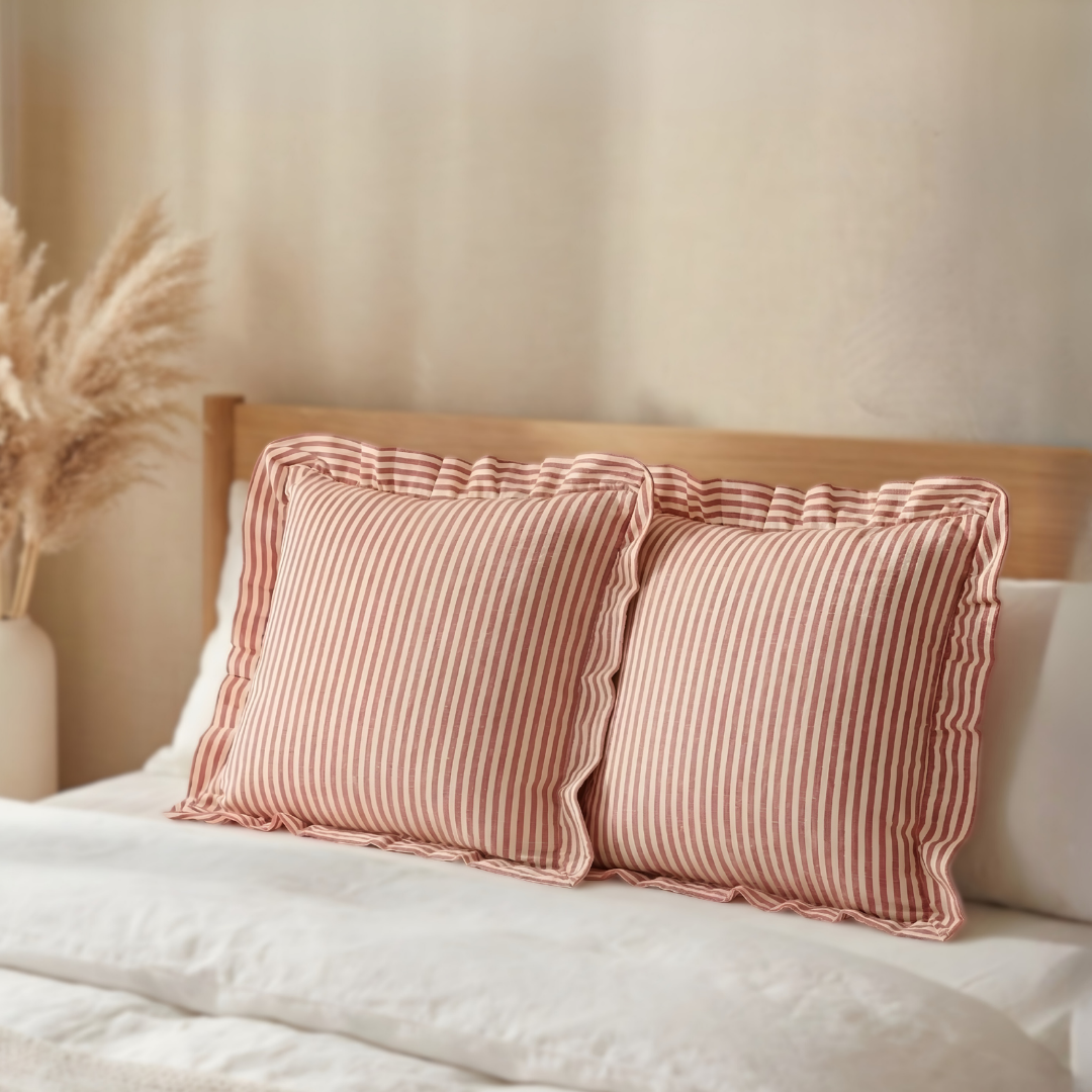Striped Cotton Cushion Cover with Frill | Rose Pink (with Pad)