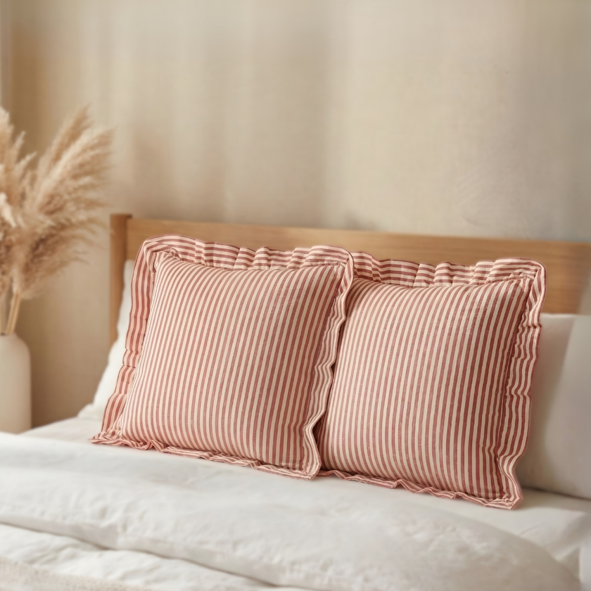 Striped Cotton Cushion Cover with Frill | Rose Pink (with Pad)