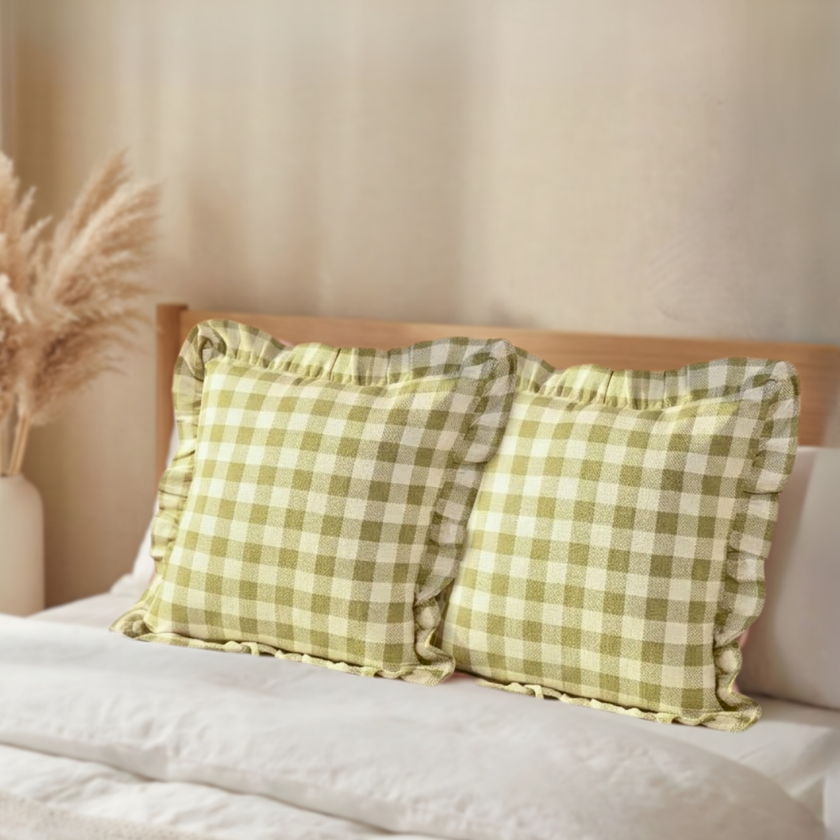 Checked Cotton Cushion Cover with Frill | Lively Green (with Pad)