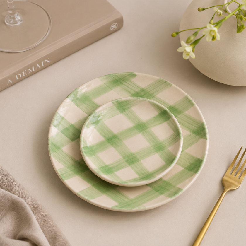 Checked Handmade & Hand-Painted Stoneware Side Plates (Set of 4) | Lively Green