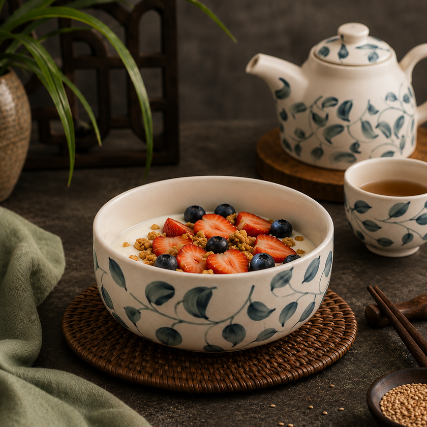 Scroll Handmade & Hand-Painted Stoneware Cereal Bowls (Set of 4) | Lovable Blue